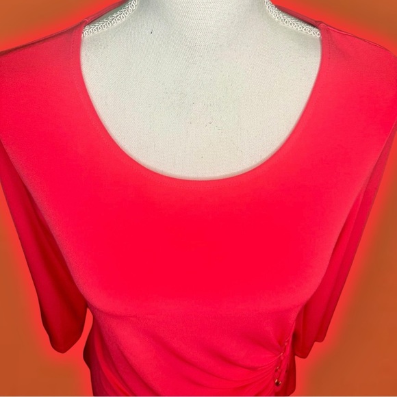 Calvin Klein ‘3/4 Sleeve Ruched Lace Up Detail Pullover Blouse’ Coral Red Size S - Picture 9 of 15